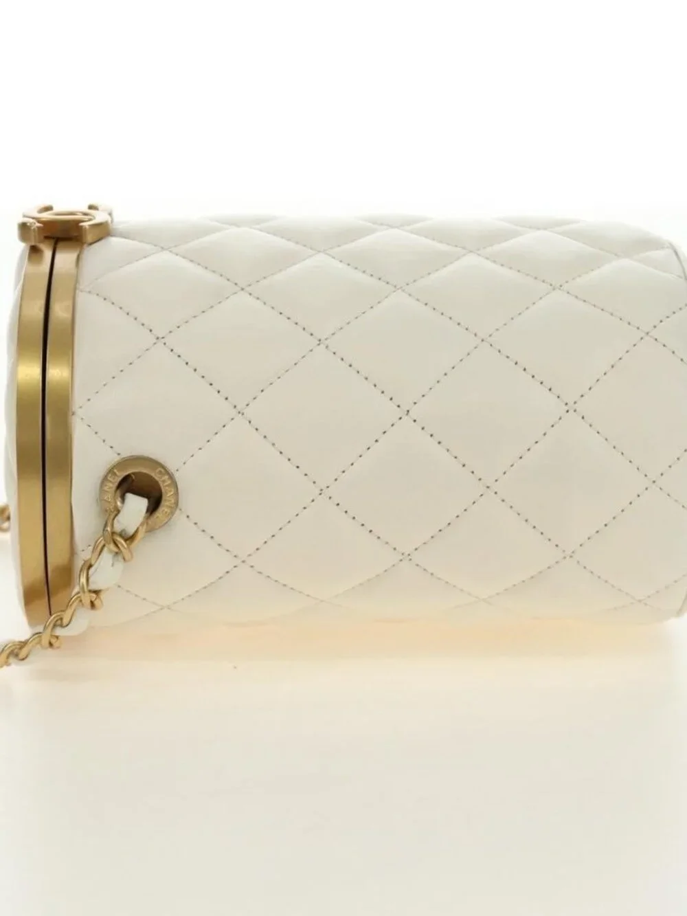 CHANEL Chain Matelasse Shoulder Bag Lamb Skin White Gold CC Auth BA13318M